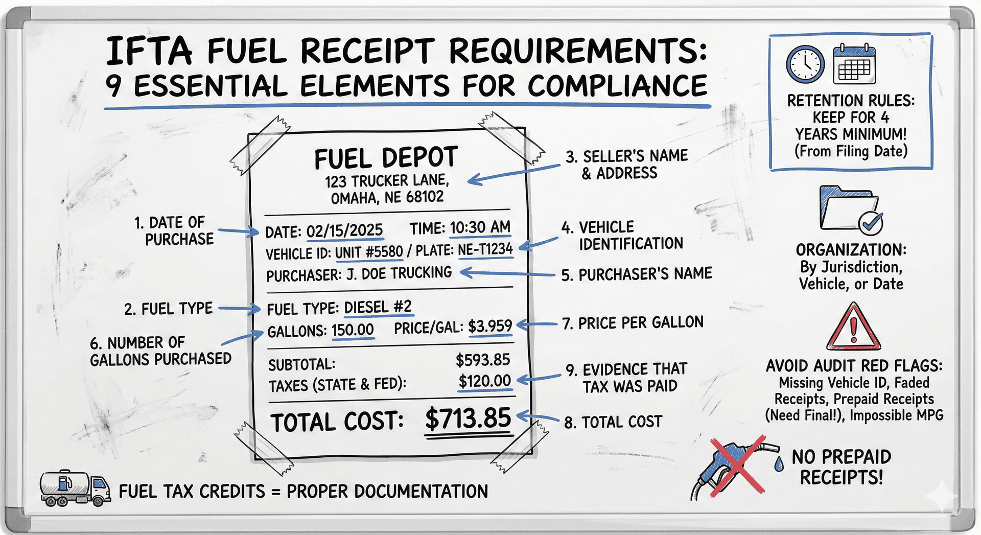 IFTA Fuel Receipt Requirements Infographic - 9 essential elements, documentation types, and record retention rules