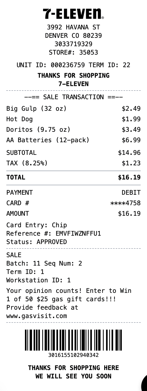 7-Eleven Receipt receipt example showing 7eleven format with itemized list, totals, and payment details