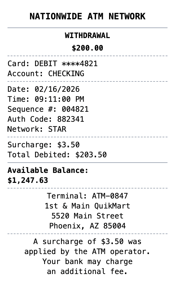 ATM Receipt receipt example showing atm format with itemized list, totals, and payment details