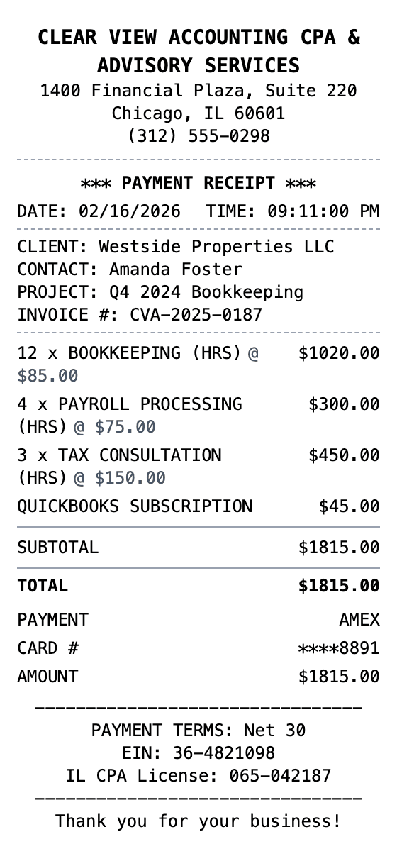 Accounting Receipt receipt example showing accounting format with itemized list, totals, and payment details