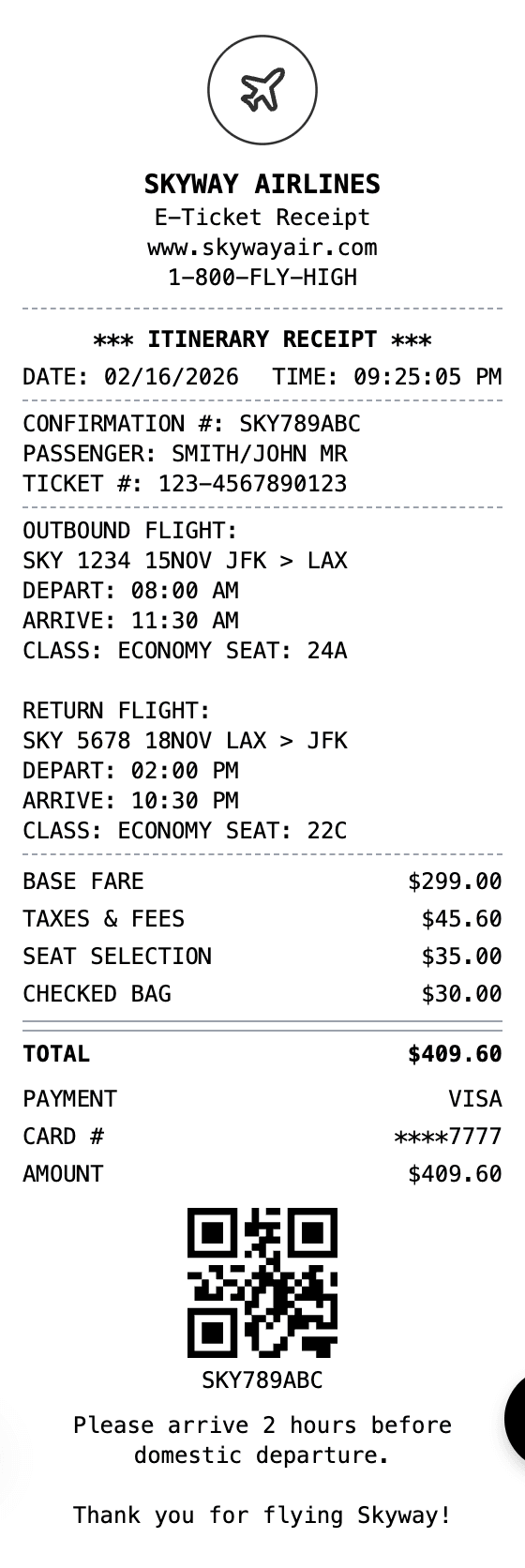 Airline Receipt receipt example showing airline format with itemized list, totals, and payment details