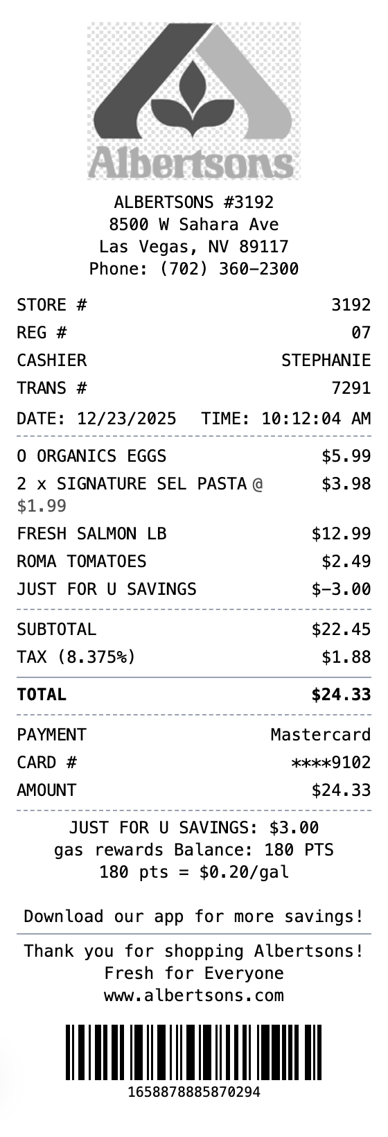 Albertsons Receipt receipt example showing albertsons format with itemized list, totals, and payment details