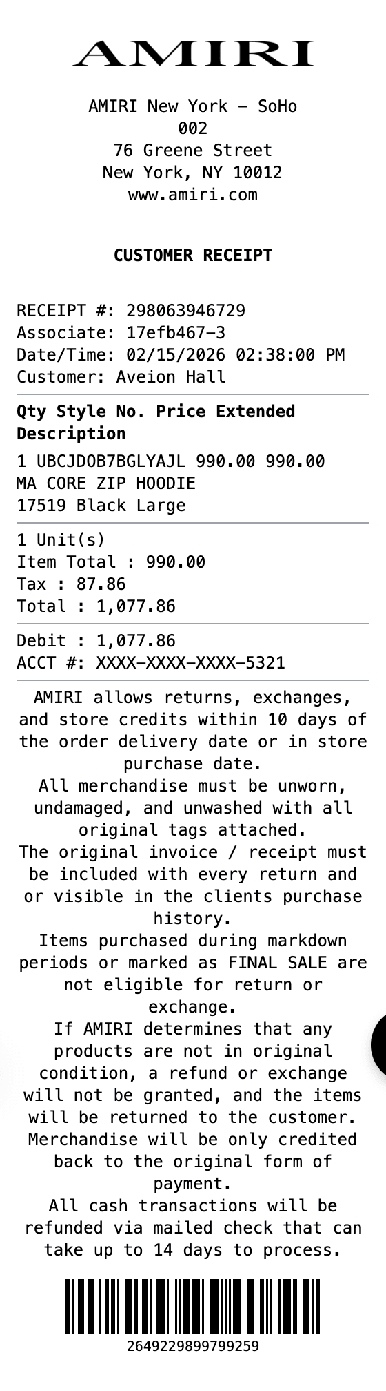 Amiri Receipt receipt example showing amiri format with itemized list, totals, and payment details