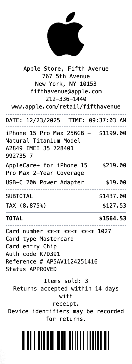 Apple Store Receipt receipt example showing apple format with itemized list, totals, and payment details