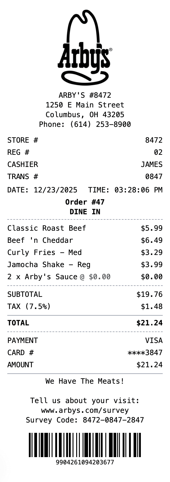 Arby's Receipt receipt example showing arbys format with itemized list, totals, and payment details