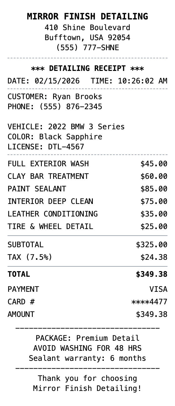 Auto Detailing Receipt receipt example showing auto-detailing format with itemized list, totals, and payment details