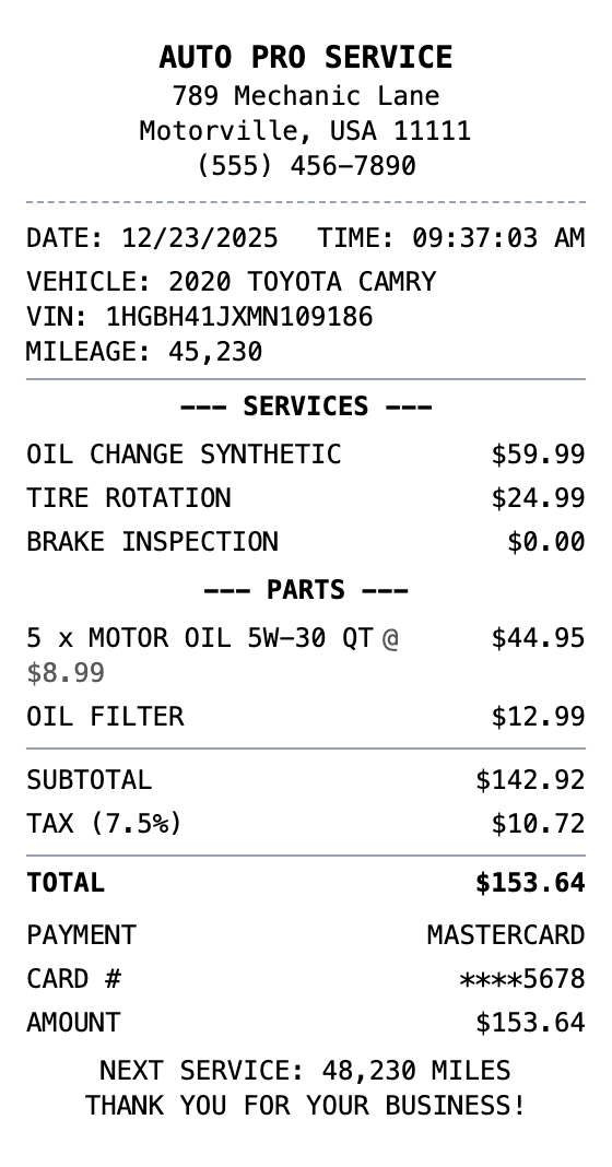Auto Service Receipt receipt example showing auto format with itemized list, totals, and payment details