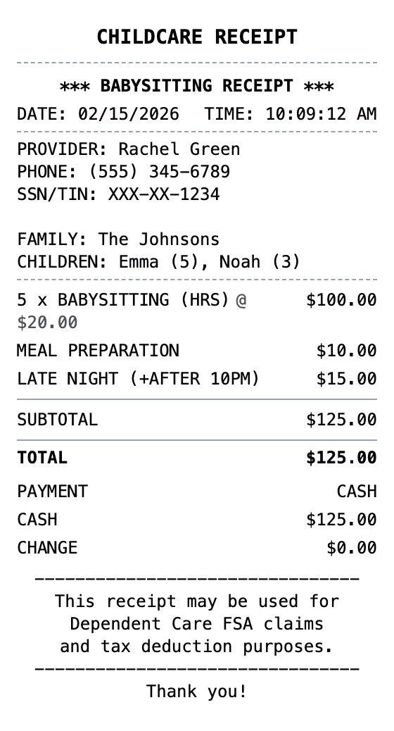 Babysitter Receipt receipt example showing babysitter format with itemized list, totals, and payment details