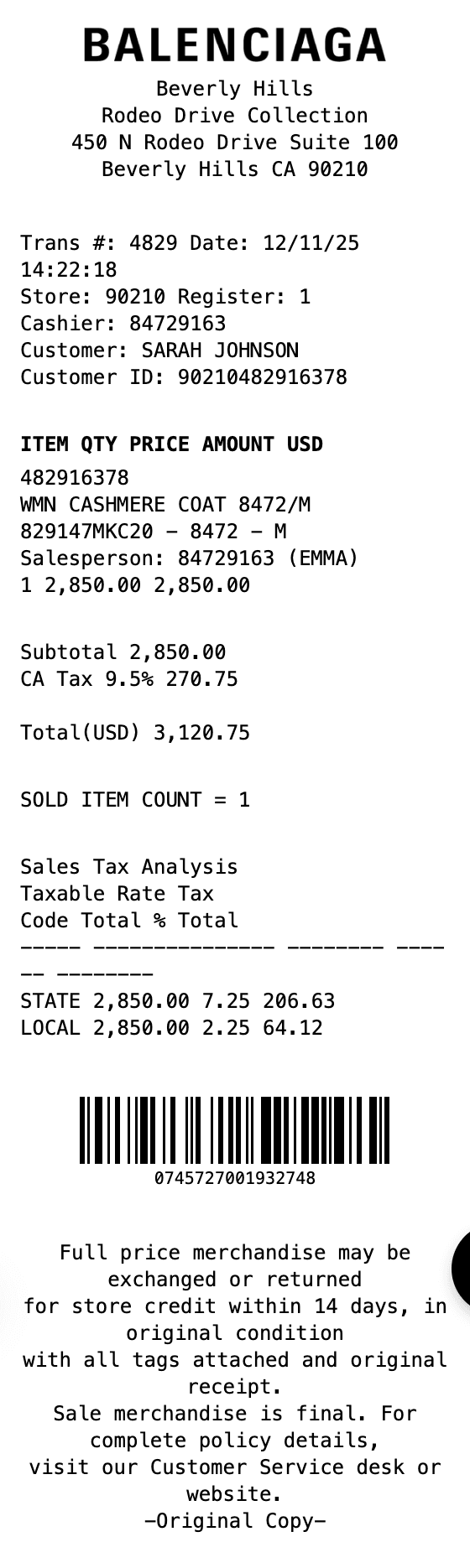 Balenciaga Receipt receipt example showing balenciaga format with itemized list, totals, and payment details