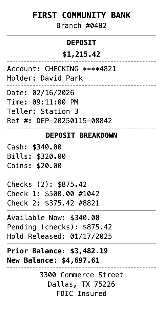 Bank Deposit Receipt receipt example showing bank-deposit format with itemized list, totals, and payment details