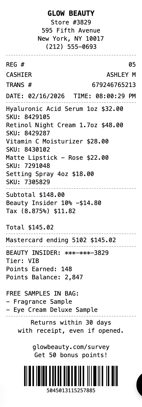 Beauty Store Receipt receipt example showing beauty-store format with itemized list, totals, and payment details