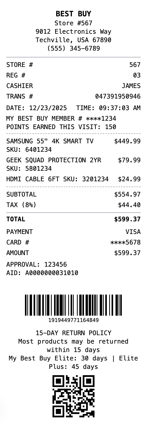 Best Buy Receipt receipt example showing bestbuy format with itemized list, totals, and payment details