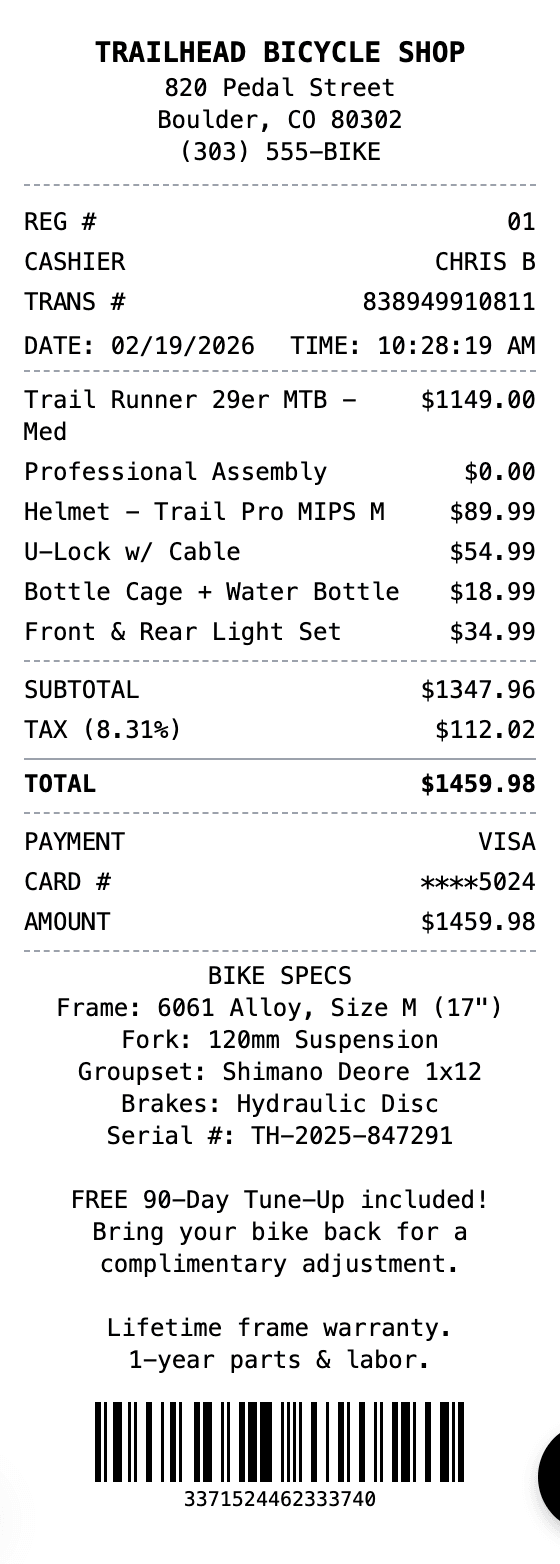 Bicycle Receipt receipt example showing bicycle format with itemized list, totals, and payment details