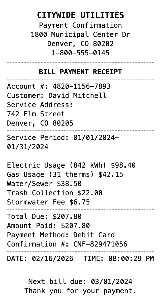 Bill Receipt receipt example showing bill format with itemized list, totals, and payment details