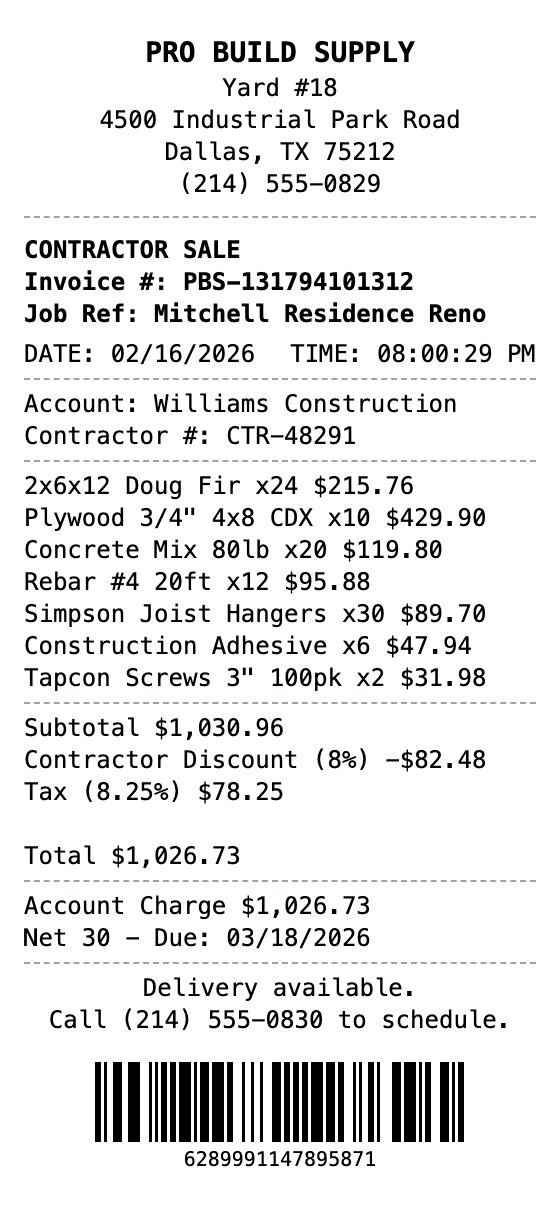 Building Supply Receipt receipt example showing building-supply format with itemized list, totals, and payment details