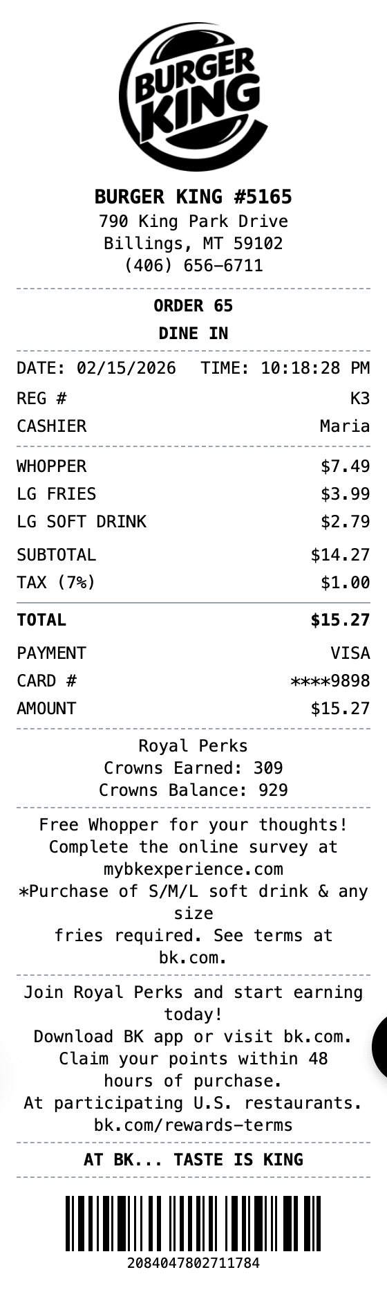 Burger King Receipt receipt example showing burgerking format with itemized list, totals, and payment details