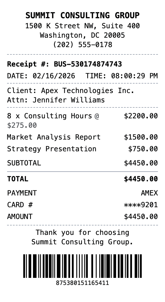 Business Receipt receipt example showing business format with itemized list, totals, and payment details