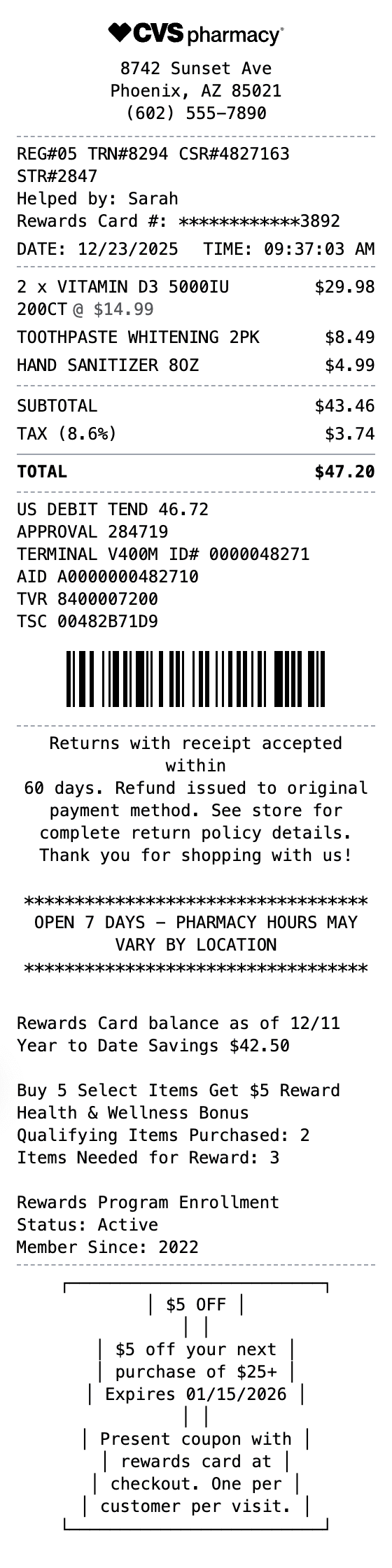 CVS Receipt receipt example showing cvs format with itemized list, totals, and payment details