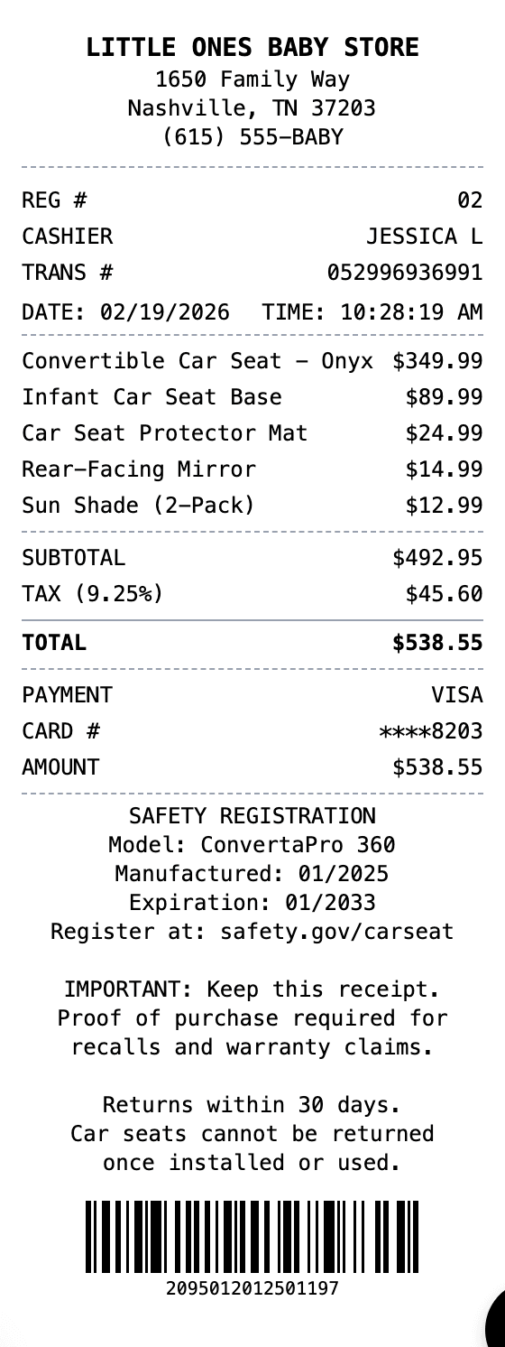 Car Seat Receipt receipt example showing car-seat format with itemized list, totals, and payment details