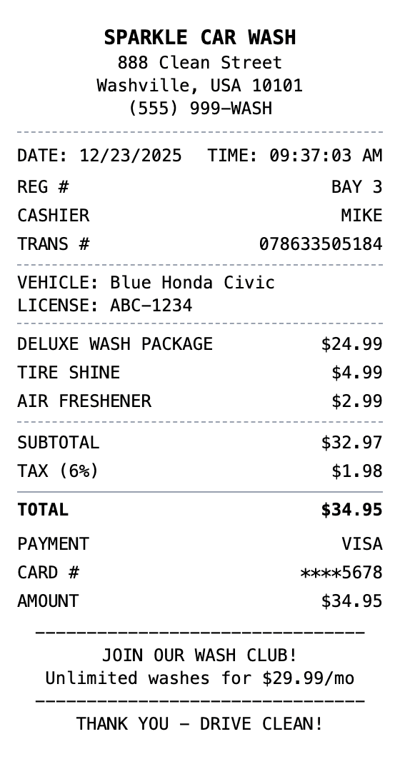 Car Wash Receipt receipt example showing car-wash format with itemized list, totals, and payment details
