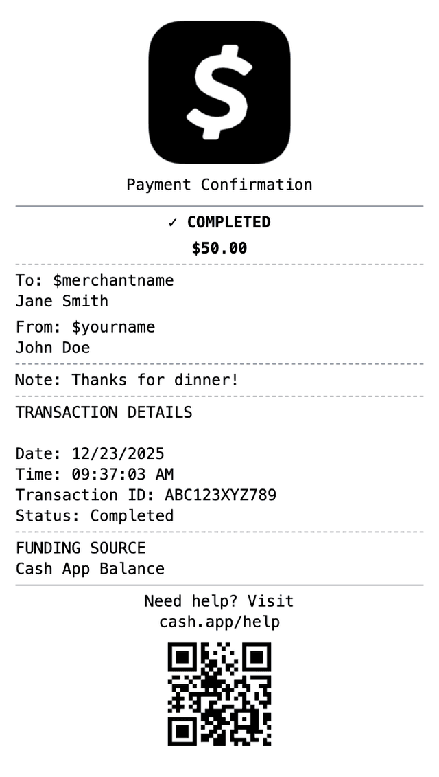 Cash App Receipt receipt example showing cashapp format with itemized list, totals, and payment details