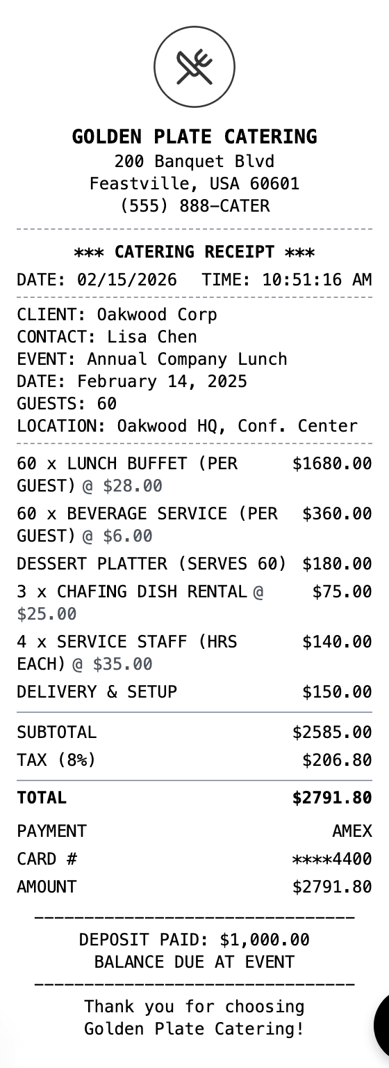 Catering Receipt receipt example showing catering format with itemized list, totals, and payment details
