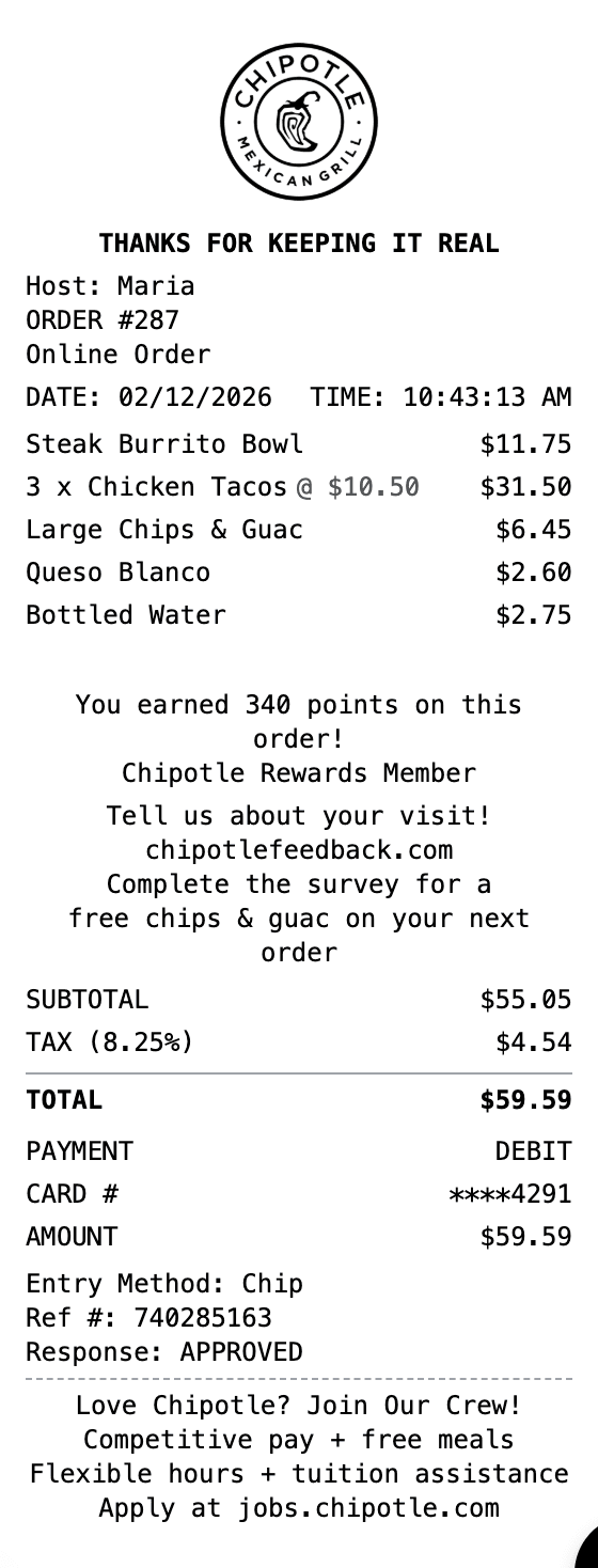 Chipotle Receipt receipt example showing chipotle format with itemized list, totals, and payment details