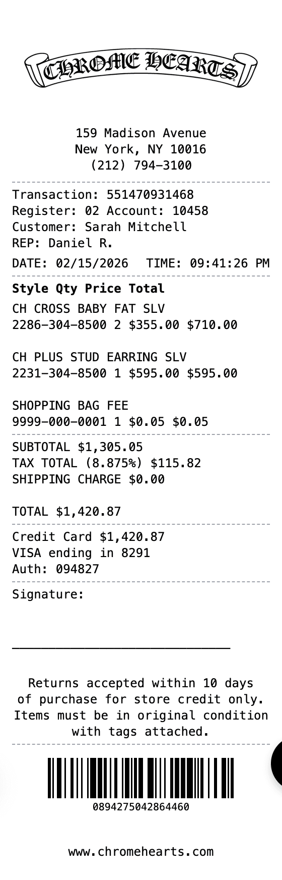 Chrome Hearts Receipt receipt example showing chromehearts format with itemized list, totals, and payment details