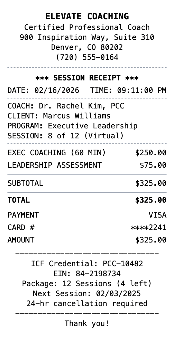 Coaching Receipt receipt example showing coaching format with itemized list, totals, and payment details