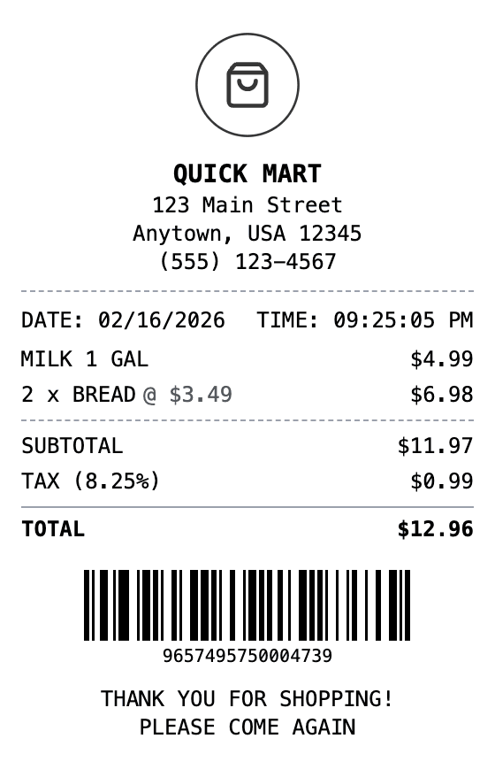 Convenience Store Receipt receipt example showing convenience format with itemized list, totals, and payment details