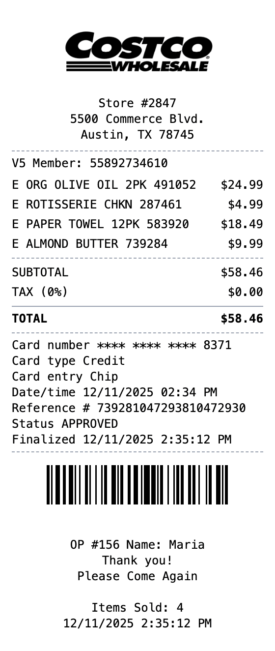 Costco Receipt receipt example showing costco format with itemized list, totals, and payment details