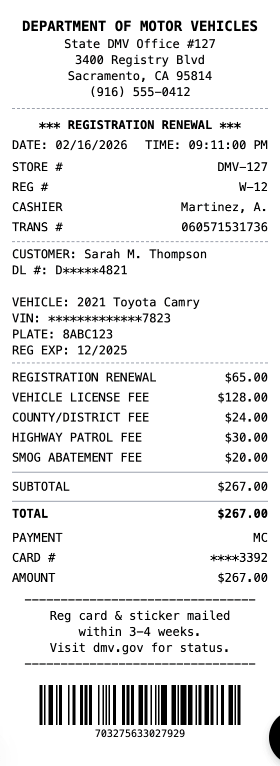 DMV Receipt receipt example showing dmv format with itemized list, totals, and payment details