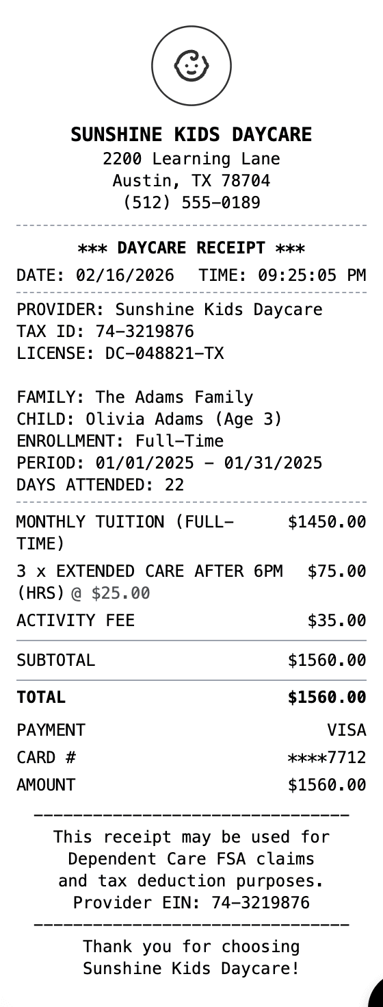 Daycare Receipt receipt example showing daycare format with itemized list, totals, and payment details