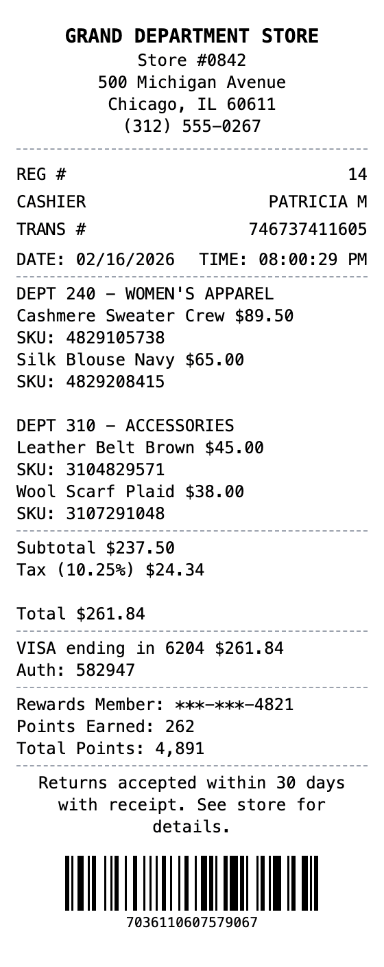 Department Store Receipt receipt example showing department-store format with itemized list, totals, and payment details