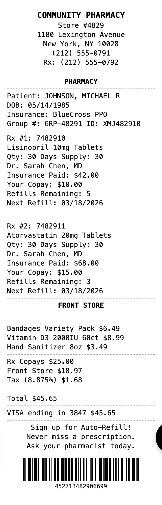 Detailed Pharmacy Receipt receipt example showing pharmacy-detailed format with itemized list, totals, and payment details