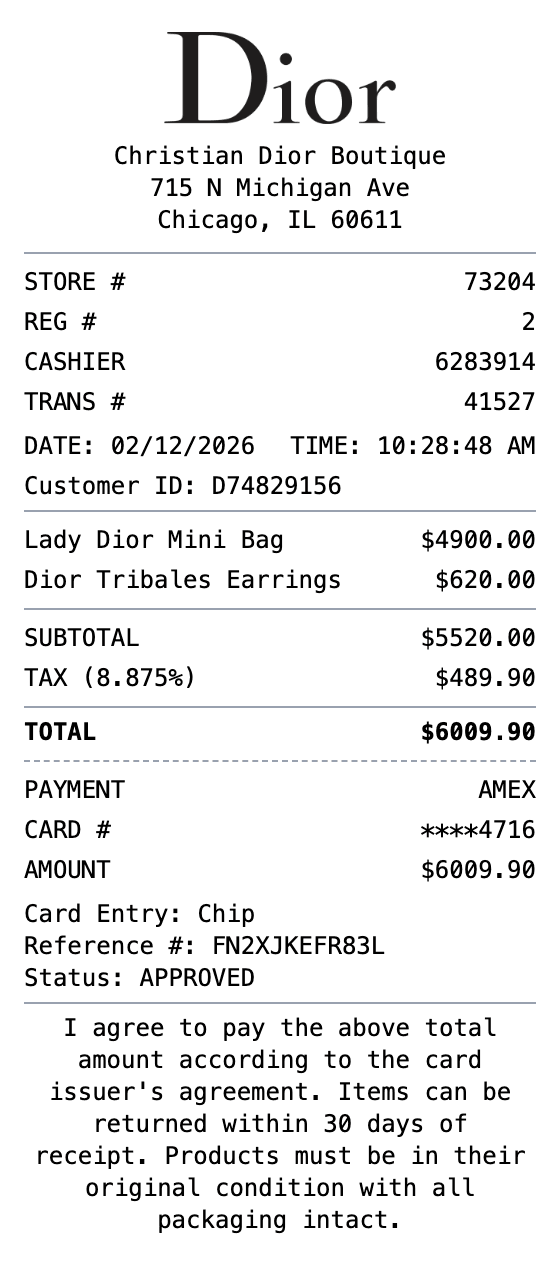 Dior Receipt receipt example showing dior format with itemized list, totals, and payment details
