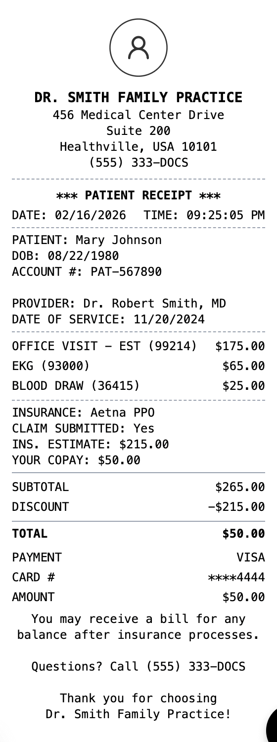 Doctor Receipt receipt example showing doctor format with itemized list, totals, and payment details