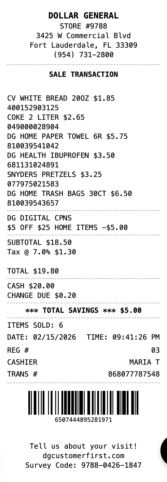 Dollar General Receipt receipt example showing dollargeneral format with itemized list, totals, and payment details