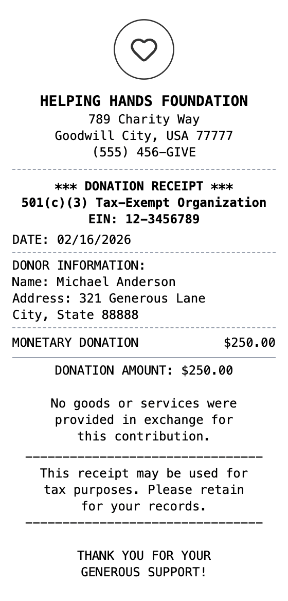 Donation Receipt receipt example showing donation format with itemized list, totals, and payment details