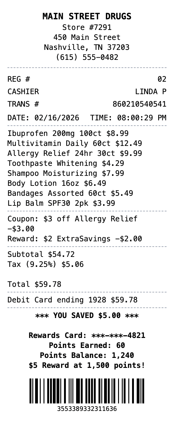 Drugstore Receipt receipt example showing drugstore format with itemized list, totals, and payment details