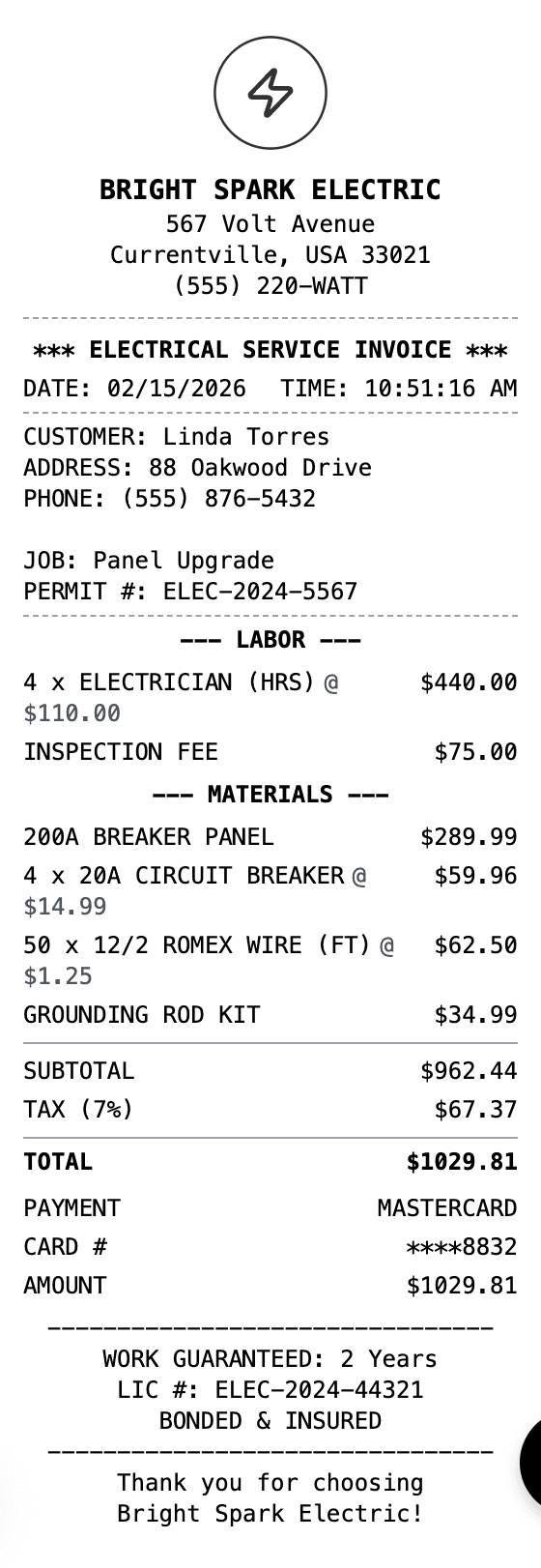 Electrician Receipt receipt example showing electrician format with itemized list, totals, and payment details