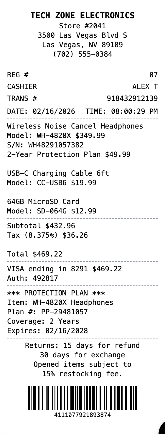 Electronics Store Receipt receipt example showing electronics format with itemized list, totals, and payment details