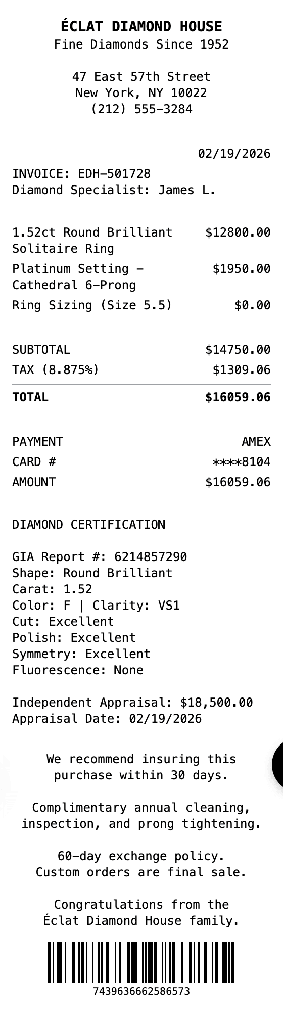 Engagement Ring Receipt receipt example showing engagement-ring format with itemized list, totals, and payment details