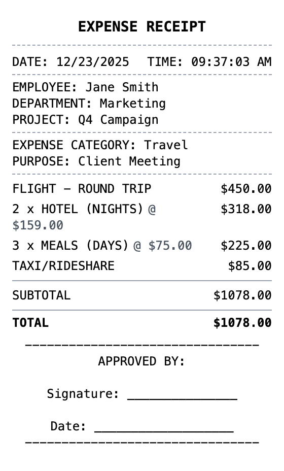 Expense Receipt receipt example showing expense format with itemized list, totals, and payment details
