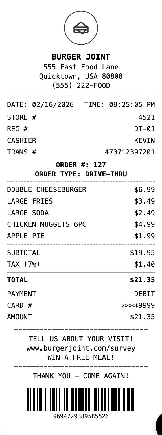 Fast Food Receipt receipt example showing fast-food format with itemized list, totals, and payment details