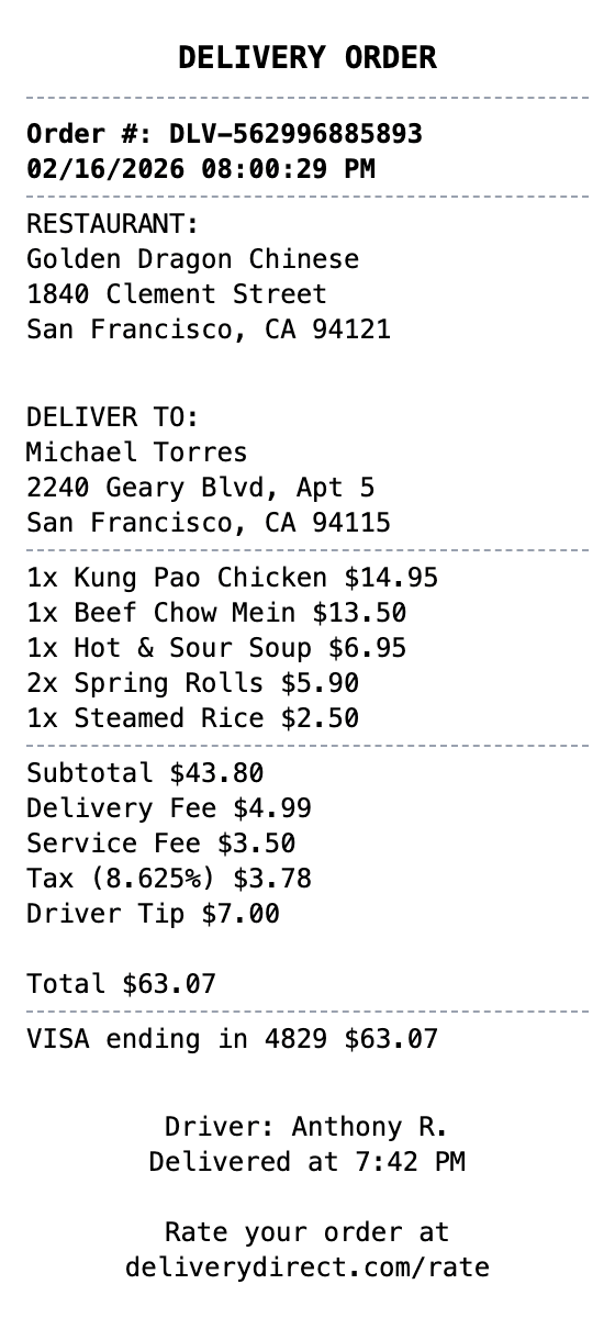 Food Delivery Receipt receipt example showing food-delivery format with itemized list, totals, and payment details