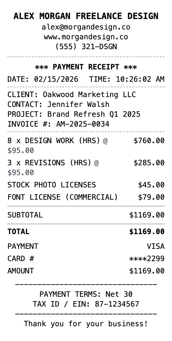 Freelancer Receipt receipt example showing freelancer format with itemized list, totals, and payment details