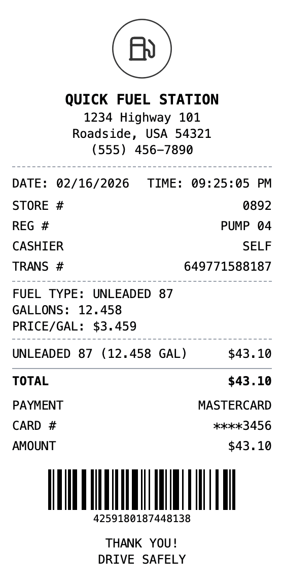 Gas Station Receipt receipt example showing gas-station format with itemized list, totals, and payment details