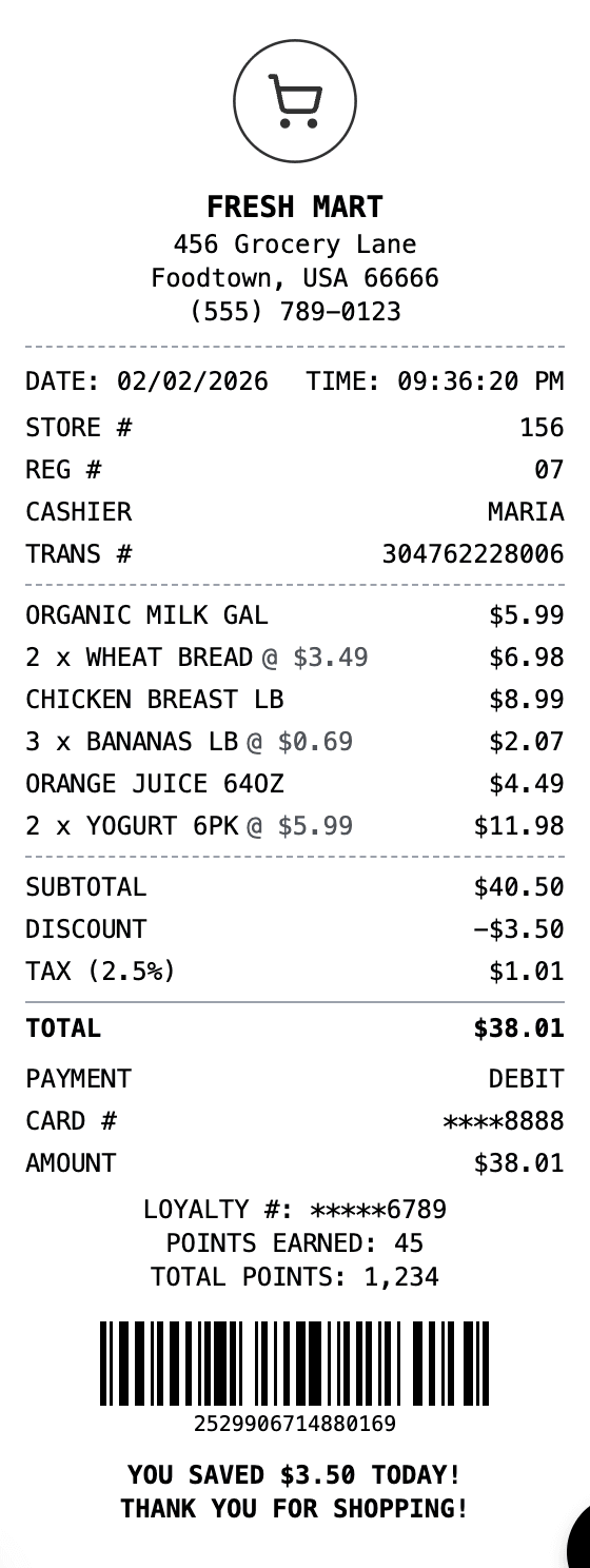 Grocery Receipt receipt example showing grocery format with itemized list, totals, and payment details