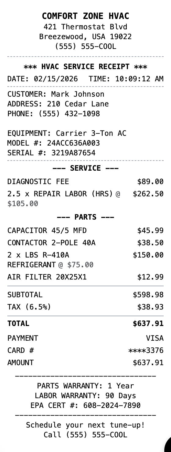HVAC Receipt receipt example showing hvac format with itemized list, totals, and payment details